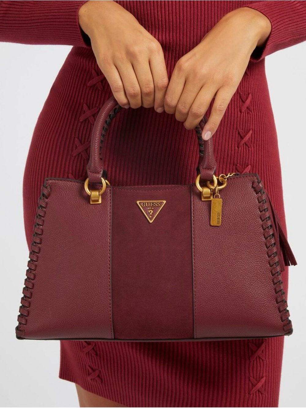 Guess Burgundy Leather Satchel with Gold Hardware
